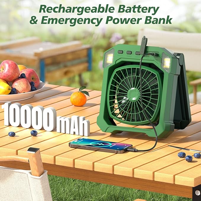 Camping Fan Battery Powered & Solar Powered, Portable Solar Fan 10000mAh Rechargeable Outdoor Fans with Light, Quiet Cordless Fans for Tent, RV, Emergency, Hiking, Power Outage, Desk, Survival Kit