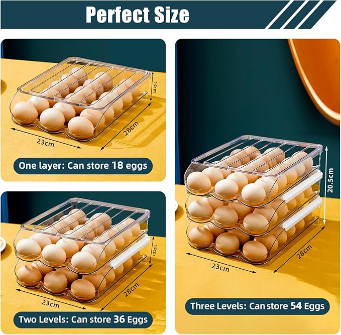 Egg Holder for Fridge, Rolling Egg Holder for Refrigerator, Egg Organizer for Refrigerator Clear Plastic Egg Dispenser with Removable Lid and Tray (2 Layer Holds 36 Eggs)