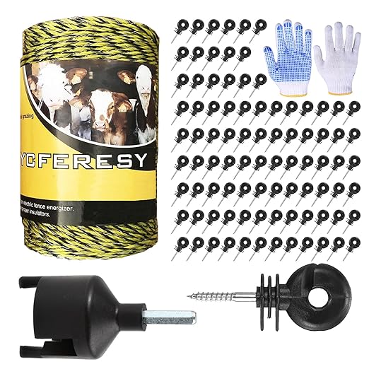 Upgraded Electric Fence Poly Wire 656 Feet 200 Meters and 100 Pcs Black Electric Fence Insulator Screw-in Insulator Fence Ring Wood Post with 1 Pcs Insulator Socket Tool
