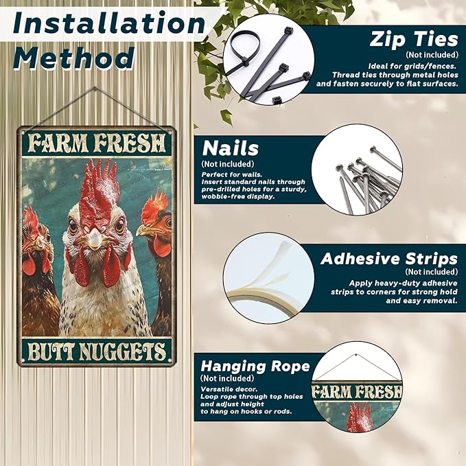 Rustic Metal Tin Sign Chicken Farm Fresh Butt Nuggets Wall Art Retro Plaque For Kitchen Bar Farmhouse Iron Painting 12x8 Inch