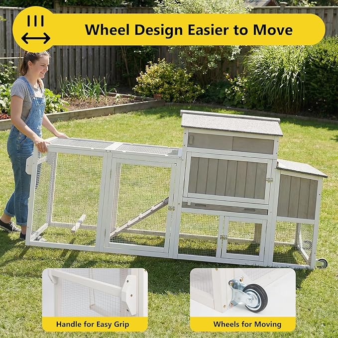 78" Wooden Chicken Coop with Nesting Box, Poultry Cage with Wheel Leak Proof Pull-on Tray and Asphalt Waterproof Roof, Hen House for Garden Backyard Farm