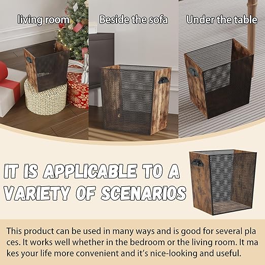 3 Gallon Wooden Trash Can - Rustic Decorative Waste Paper Basket - Garbage Bin for Bedroom, Bathroom, Office, Living Room