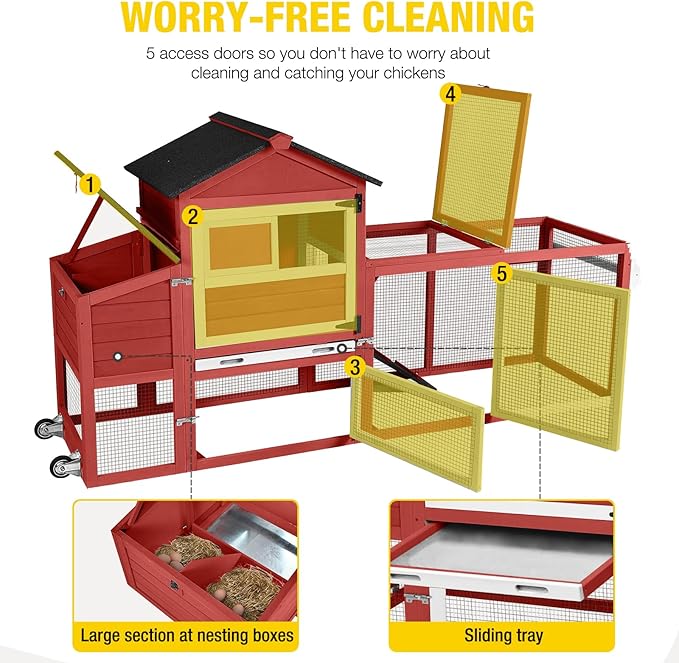 Aivituvin Large Chicken Coop with Wheels, Outdoor Hen House Mobile Poultry Cage with Run, Weatherproof Asphalt Roof, Sectionable Nesting Box, Leakproof Pull-Out Tray for 4-6 Chickens - Red