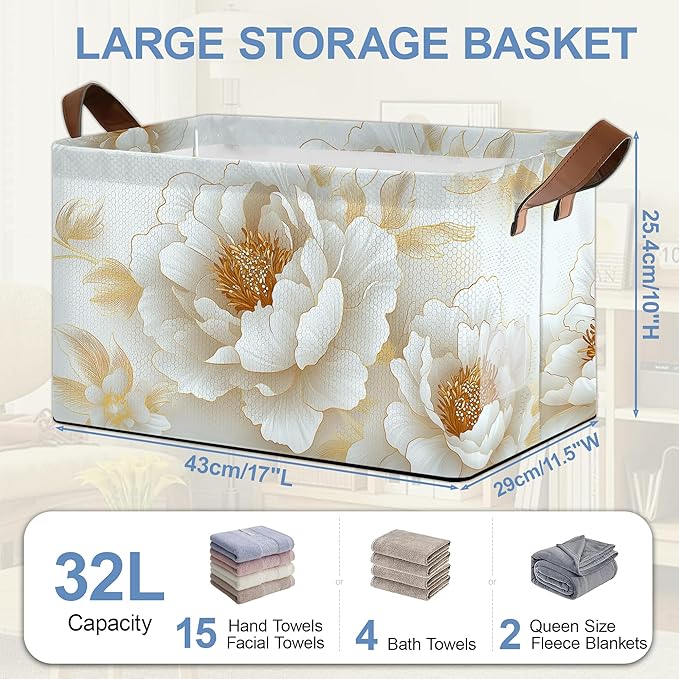 Vintage Peony Storage Baskets,White Gold Flower Foldable Large Capacity Organizer Bins with Waterproof Lining and Leather Handles for Closet,Shelf,Bedroom 17x11.5x10Inch