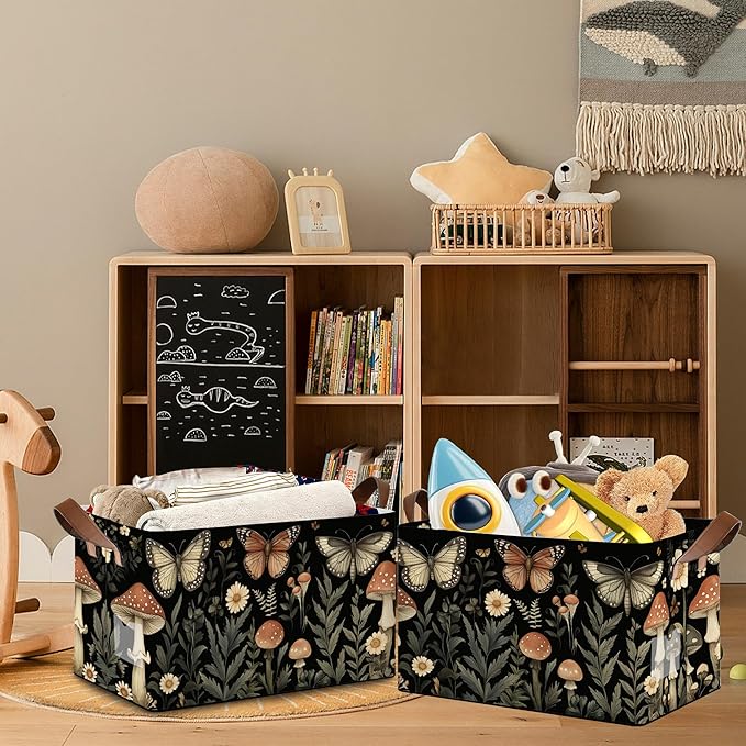 Vintage Mushroom Storage Baskets,Butterfly Plants Foldable Large Capacity Organizer Bins with Waterproof Lining and Leather Handles for Closet,Shelf,Bedroom 17x11.5x10Inch