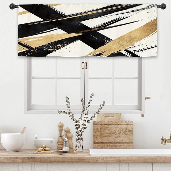 Modern Black Gold Kitchen Curtain Valance 54W x 18L Inch Contemporary Minimalist Line Art Rod Pocket Short Cafe Small Window Treatment Drapes Decor