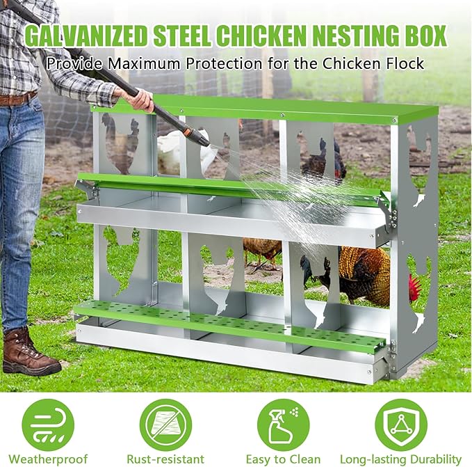 Chicken Nesting Box for Laying Eggs,6 Hole Roll Away Nesting Boxes,Chicken Laying Boxes with Large Vented Holes,Wall-Mountable Chicken Coop Nesting Boxes,Metal Laying Boxes for Hens,Ducks(Green)