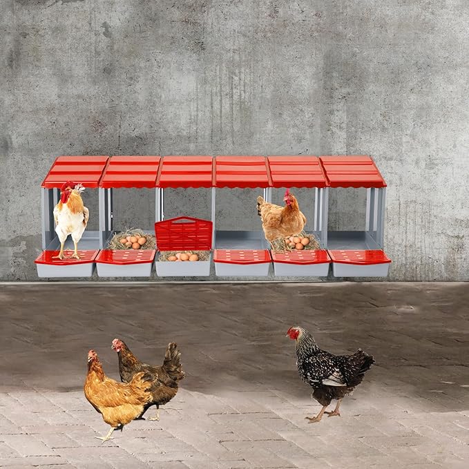 Chicken Nesting Boxes 6 Compartment PP Nesting Box with Inclined Nesting Boxes & Vented Holes Wall Mount Chicken Laying Boxes for Chicken Coop (Red)