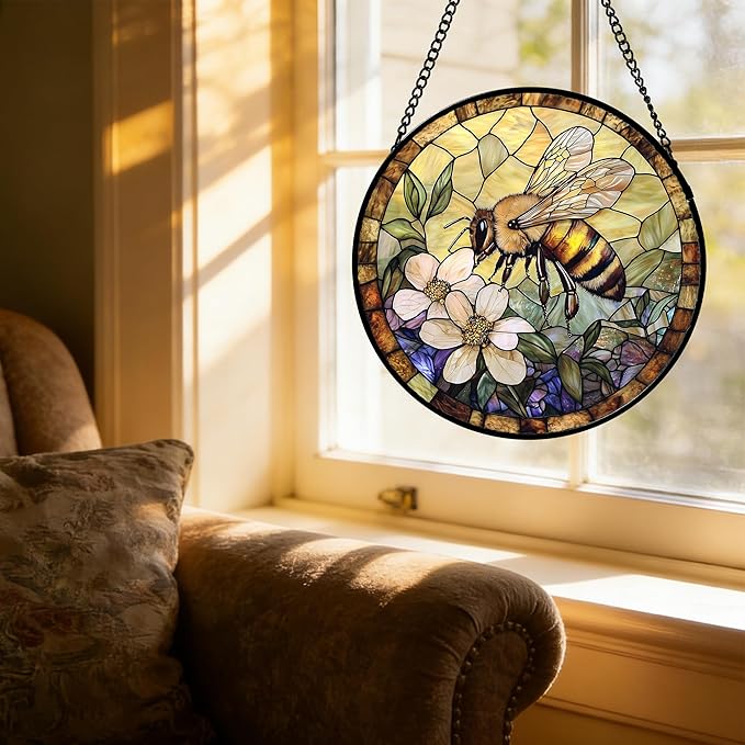 Stained Glass Window Hanging, Vintage Bee Yellow Flower Sun Catcher for Window Door Home Decor Suncatcher Christmas Mother's Day Birthday Gifts for Women Men Mom and Nana 11.8 in