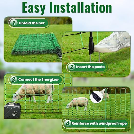 42.5" H x 164' L Electric Fence Netting, Electric Fencing for Sheep, Hogs, Cattle, PE Net Fencing Kit with 16 Posts Double Spiked, Movable Livestock Nets for Backyards, Homesteaders, Farms Ranches