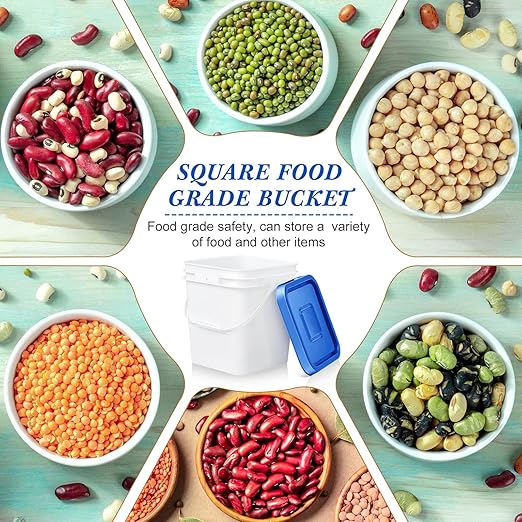 Mumufy 5 Pcs 3.5 Gallon Square Food Grade Bucket with Lid Square Bucket Pail Plastic Handles for Long Term Food Storage, Camping, Fishing, Home Organization Easy Stack and Store (Blue Lid)