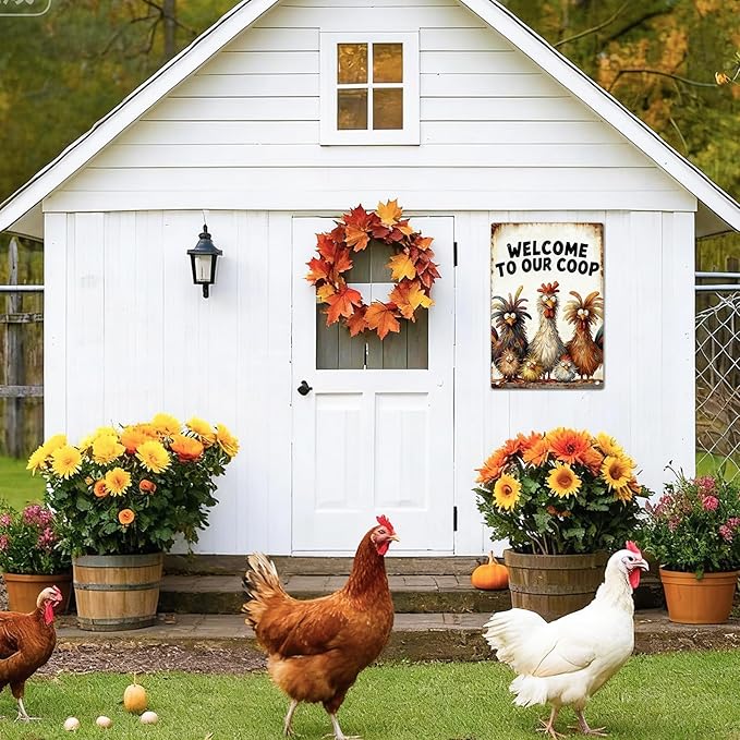 Funny Chicken Metal Decor Sign Vintage Metal Tin Sign Wall Art Decor Welcome To Our Coop Chicken Coop Signs for Outdoor Decorations Gifts for Women and Hen Lovers 8 X 12 Inch