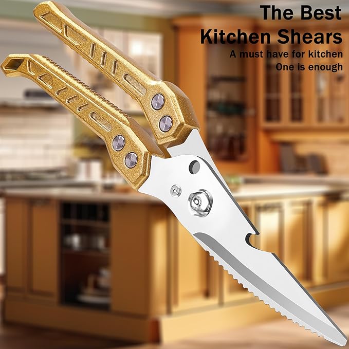 Heavy Duty Kitchen Poultry Shears - Professional Food Scissors for Spatchcocking Chicken, Cutting Raw Meat & Poultry Bones, Thick Steel Blades, Spring-Loaded, Dishwasher Safe Gold