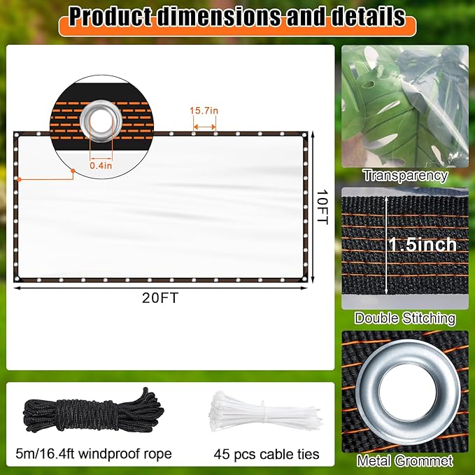 ZYP 10x20 FT Heavy Duty Clear Waterproof Tarps Outdoor Garden Rainproof Covering,Clear Vinyl Tarp with Grommets,Transparent Waterproof Tarpaulin for Covering Henhouse Porch Canopy Plant Camping