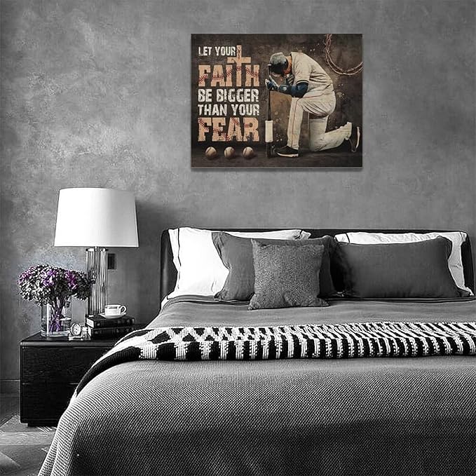 Christian Baseball Wall Art Sport Poster Teen Boy Room Wall Decor Inspirational Quotes Pictures Canvas Prints Artwork Baseball Decor For Boys Room Playroom Bedroom Gym Framed 16"x12"