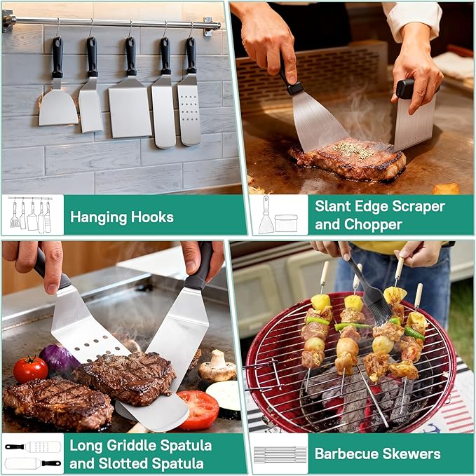 45PCS Griddle Accessories Kit, Professional Flat Top Grill Tools Set with Spatulas, BBQ Skewers, Burger Press, Meat Fork for Outdoor Barbecue