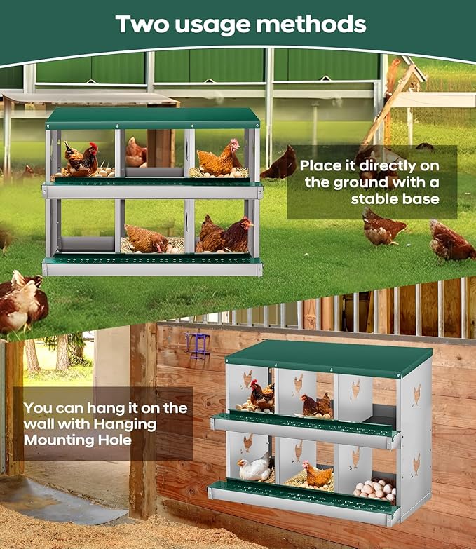 Chicken Nesting Box,6 Compartments Nesting Box for Chickens, Two-Tier Galvanized Metal Wall Mount Chicken Egg Laying Box with Large Vented Holes for Easy Egg Collection ﻿