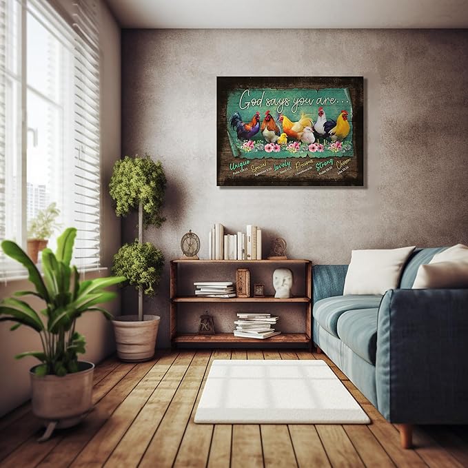 Rooster Kitchen Decor Wall Art Farmhouse Chicken Pictures Wall Decor for Kitchen Rustic Country God Says You Are Canvas Prints Framed Artwork Home Decorations For Bathroom Dinning Room 12"X16"