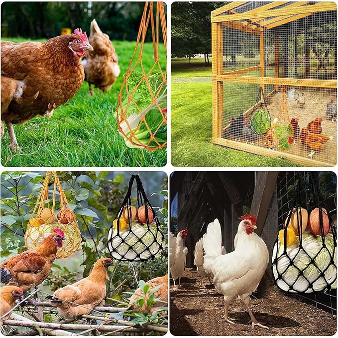 3pcs Hanging Chicken Feeder, Chicken Vegetable String Bag, Poultry Fruit Holder, Chickens Vegetable Hanging Feeder, Cabbage Treat Feeding Tool for Poultry Hens Duck Goose Large Birds