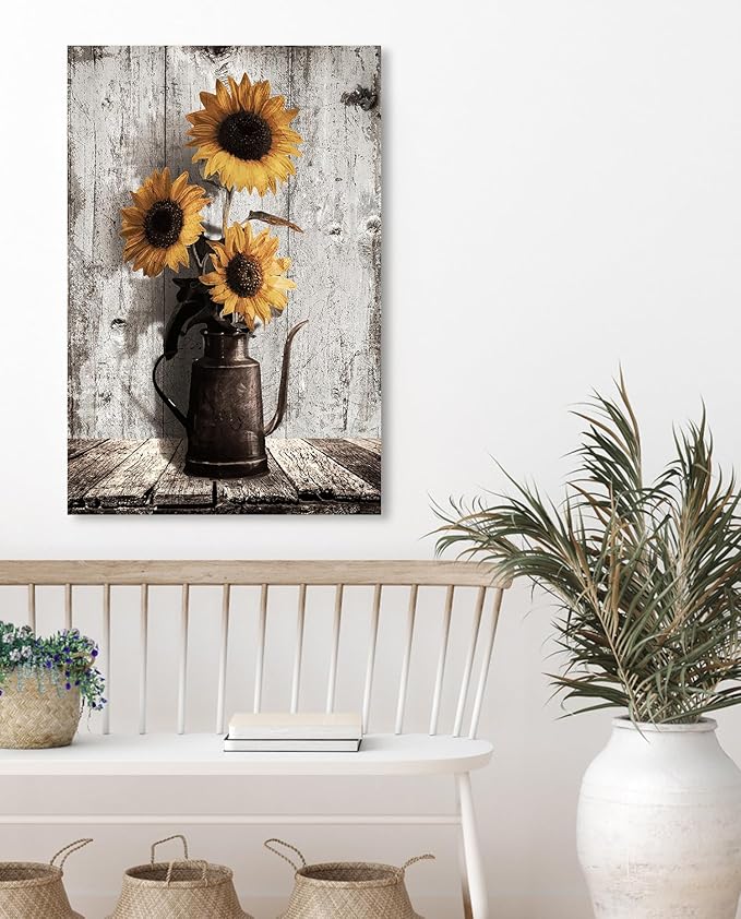 Sunflower Pictures Kitchen Wall Decor: Yellow Sunflower Paintings Rustic Farmhouse Wall Art Canvas Prints Vintage Posters Country Bathroom Decor Modern Artwork Wall Hanging Decor 16x24 Inches