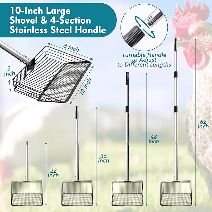 Chicken Poop Scooper 10 Inch, Anglecai Large Chicken Coop Litter Scoop 22'' to 62" Long Litter Sifting Shovel 4 in 1 Multifunctional Poop Shovel for Poultry Coop Cleaning Tool