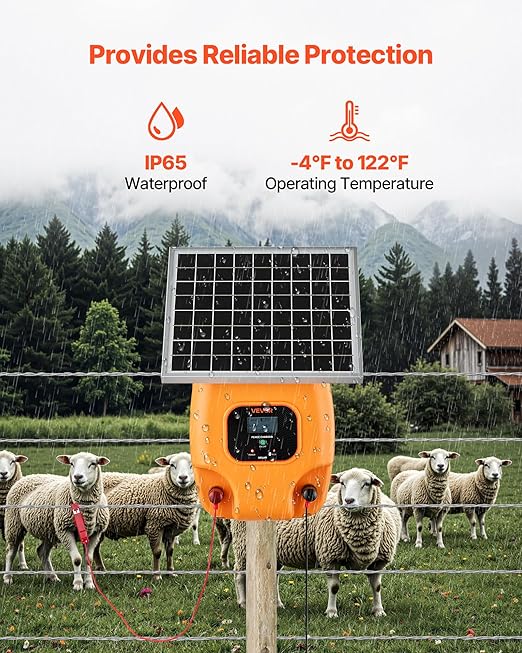 VEVOR Solar Fence Charger, 1J 10 kV Solar Powered Fence Charger, 1.86 Miles Range, Electric Fence Energizer Kit, Keep Out Predators, 3 Days Runtime, for Livestock, Poultry, Garden Protection