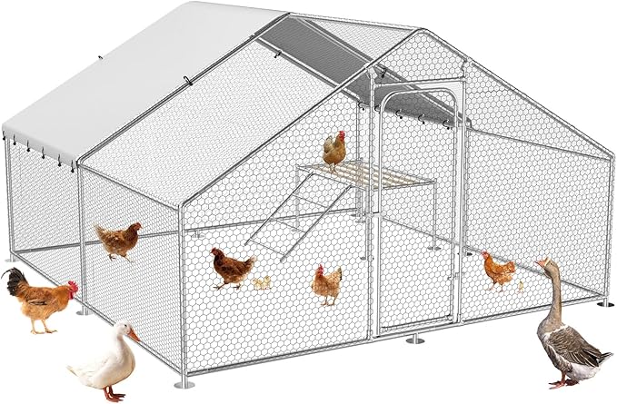 Large Metal Chicken Coop with Roosting Ladder, Waterproof and UV-Resistant Cover,Outdoor Walk-in Cage Hen House for Yard Farm Rabbit Duck Chicken Run, Spire Roof(13.1'W x 9.8'L x 6.4'H)