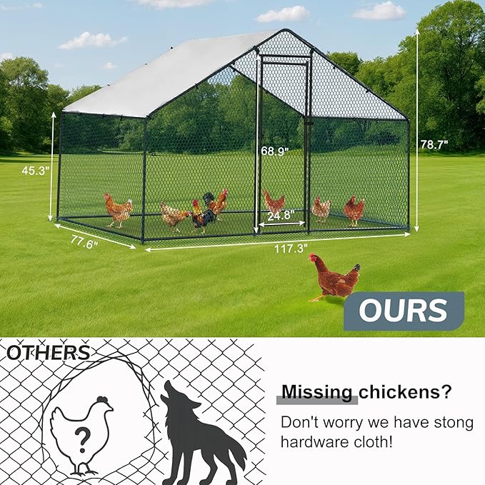 Outvita Chicken Coop, 6.5×10 FT Large Metal Chicken House, Poultry Habitat Cage with Waterproof Cover, Walk-in Chicken Run Pen for Small Animals Yard Farm Patio（Black Electrophoresis Process）