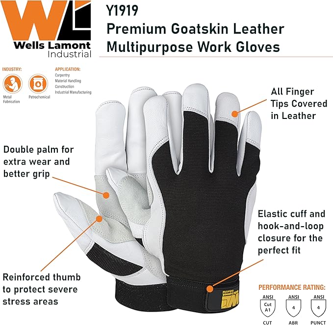 Wells Lamont 1919A4 Goatskin Leather Gloves - Mechanics Style, ANSI Cut A4, Double Palm, XX-Large, 1 Pair