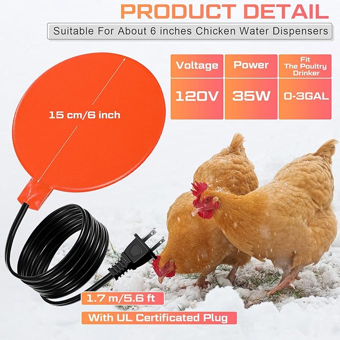 Hortsun Chicken Water Heater for Winter, Poultry Water Heater Base 120v 35w Silicone Heated Pad Chicken Waterer Heated Coop for Metal Bucket Stock Tank with 47.24 Inches Cord(Orange)
