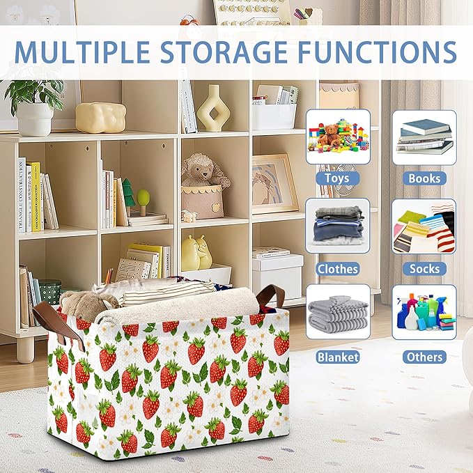 Strawberry Storage Basket with Handles,White Flowers Collapsible Rectangle Organizer Bin for Room Decoration Books Box Baskets 17x11.5x10Inch