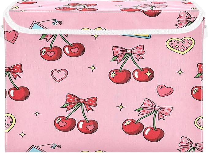 Cherries Hearts Bows Stars Storage Bins with LidsPink Foldable Storage Basket with Handles Collapsible Large Fabric Organizer Containers for Clothes Shelves Closet Office Home