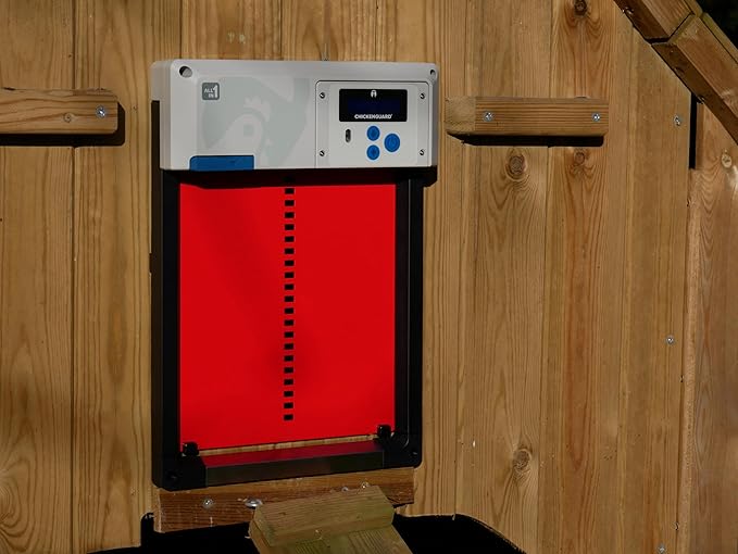 Automatic Chicken Coop Door Opener, ChickenGuard One in All 4 Colours, Timer/Light Sensing, Winter Mode, Auto-Stop & Predator Proof, 3 Power Options, Solar, Battery or Electric (Red + Batteries)