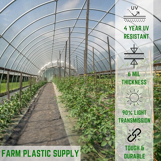 Farm Plastic Supply - Clear Greenhouse Plastic Sheeting - 6 mil - (60' x 70') - 4 Year UV Resistant Polyethylene Greenhouse Film, Hoop House Green House Cover for Gardening, Farming, Agriculture