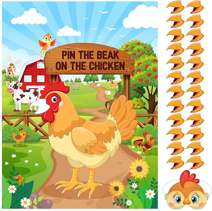 Faccito Farm Animal Games Pin The Beak on The Chicken Barnyard Birthday Party Decorations Farm Poster Games with 24 Stickers Eye Mask for Kids Family School Activities Birthday Party Decor Supplies