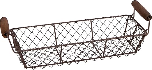 12.2" Vintage Rectangle Wire Basket With Wood Handles by Trademark Innovations