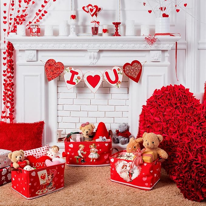 CHENGU 6 Pack Valentine's Day Storage Basket Vintage Valentine's Day Basket for Gift Collapsible Red Heart Holiday Decor Retro Large Bin Foldable Waterproof Box with Handle for Bedroom Laundry Nursery