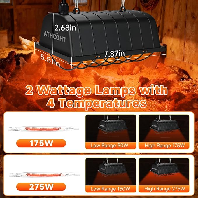 300W 2Mode Heat Lamp for Chickens,Brooder Heater 12000H Carbon Fiber Bulbs, 4PCs Heat Lamp Tubes, Adjustable Temp & Height, Waterproof Chicken Coop Heat Plate, UL-Certified Heater for Poultry, Pets