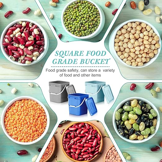 Mumufy 3 Pcs 3.5 Gallon Square Food Grade Bucket with Lid Square Bucket Pail Plastic Handles for Long Term Food Storage, Camping, Fishing, Home Organization Easy Stack and Store (Aqua,Gray,Blue)