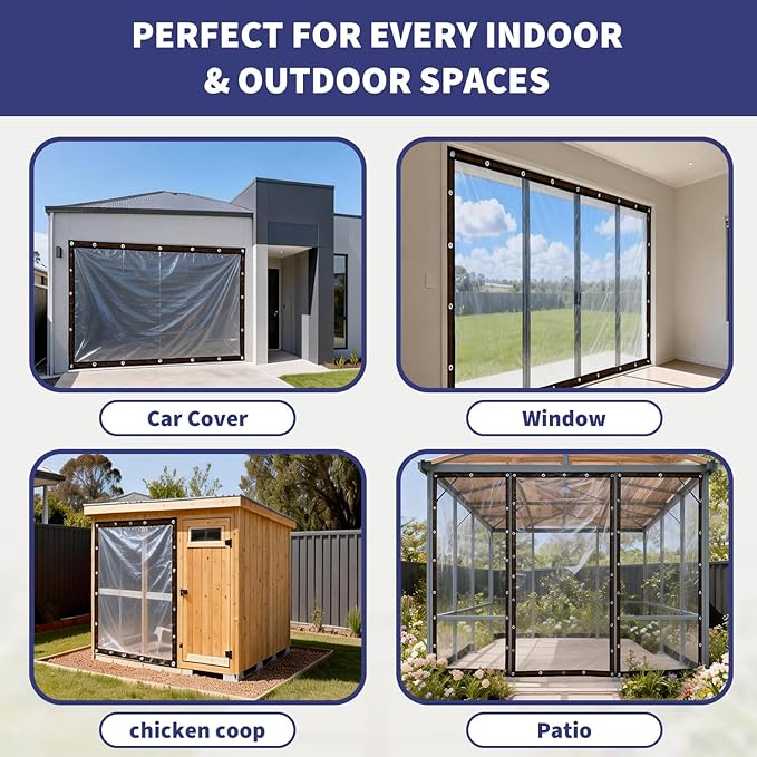 Clear Waterproof Tarp with Grommets, Heavy Duty Vinyl Tarpaulin, Tear Resistant Transparent Cover for Patio, Greenhouse, Garden, Chicken Coop (Includes Ropes & Zip Ties) (3x6FT)