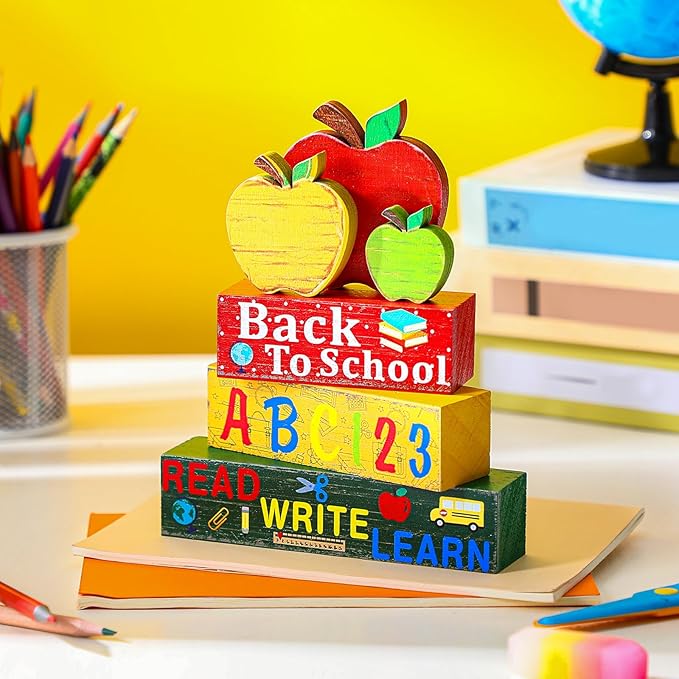 Geelin 4 Pcs Back to School Wooden Decor Apple Tiered Tray Decor Mini Wood Book Stacks Pencil Decorative Books Rustic Farmhouse Signs with Tag for Tiered Tray First Day of School Students