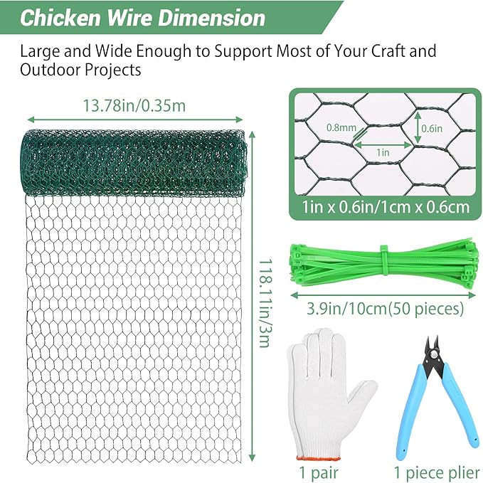 Chicken Wire for Floral Arrangements,13.78 x 118 Inch Lightweight Galvanised Hexagonal floral Chicken Wire Green Florist Wire for Garden Poultry Netting for Garden Protection with Wire Ties and Pliers