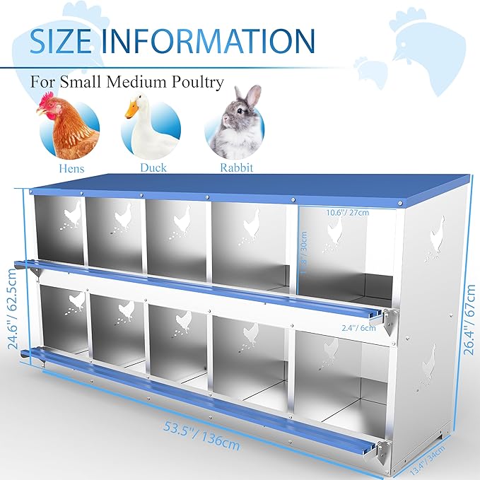 10 Compartments Chicken Nesting Box Laying Boxes for Chicken Hens Ducks Poultry Protect Eggs Chicken Coop Easy Egg Collection Wall Mount Metal Nest Box for Chicken Coop