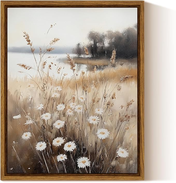 InSimSea Framed Canvas Wall Art for Living Room Fall Landscape Wall Decor Meadow with Flowers Vintage Paintings Classical Wildflower Field Scene Boho Floral Pictures Decor for Bathroom Bedroom 8x10in
