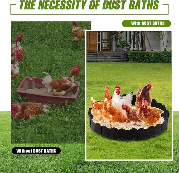 10 Ft Large Chicken Dust Bath Tub 37.5'' D * 5.5''H, Bottomless Design Round Adjustable Chicken Coop Cleaner Container Dust Bath for Essential Coop with 10 Pcs Stakes（7.85 in）, Black