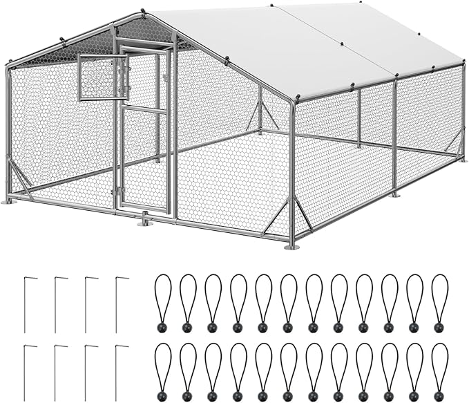 13x10 FT Walk in Chicken Coop, Functional Split Door Metal Chicken Coop Run with Hardware Cloth & Cover, Heavy Duty Duck Pen with Galvanized Frame, Large Animal Run for Chicken, Duck, Goat