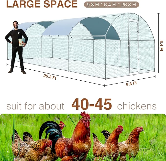 Extra Large Metal Chicken Coop for 40-45 Chickens, Portable, Walk-in Chicken Run, Chicken Pen Outdoor W/Cover, Waterproof & Anti-UV, 26.3' D x 9.8' W x 6.4' H, Wire Mesh Poultry Cage for Yard