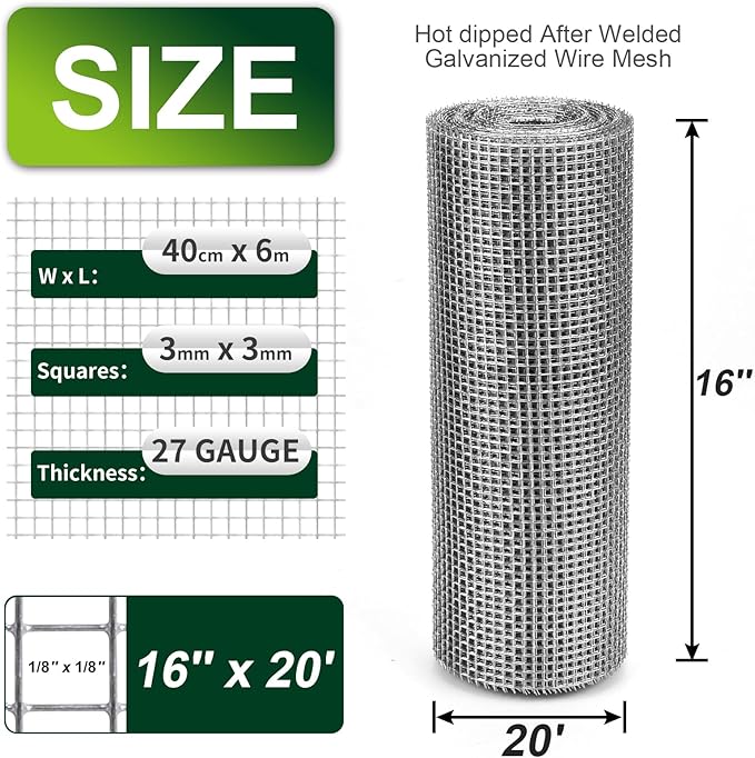1/8 Inch Hardware Cloth 16'' x 20' 27 Gauge Hot Dip Galvanized Welded Wire Mesh for Chicken House/Coop Fencing, Animal Cage Netting, Bee Swarm Protection Netting and Poultry Enclosures