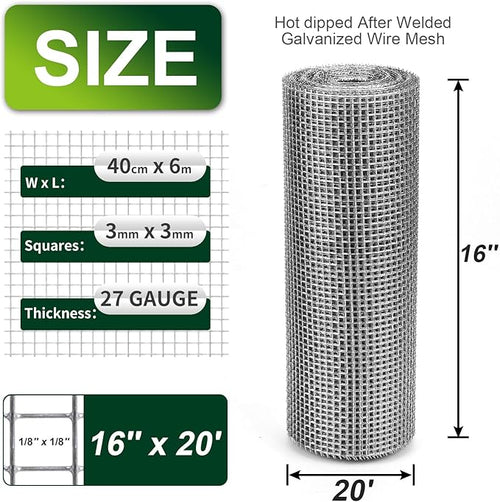 1/8 Inch Hardware Cloth 16'' x 20' 27 Gauge Hot Dip Galvanized Welded Wire Mesh for Chicken House/Coop Fencing, Animal Cage Netting, Bee Swarm Protection Netting and Poultry Enclosures