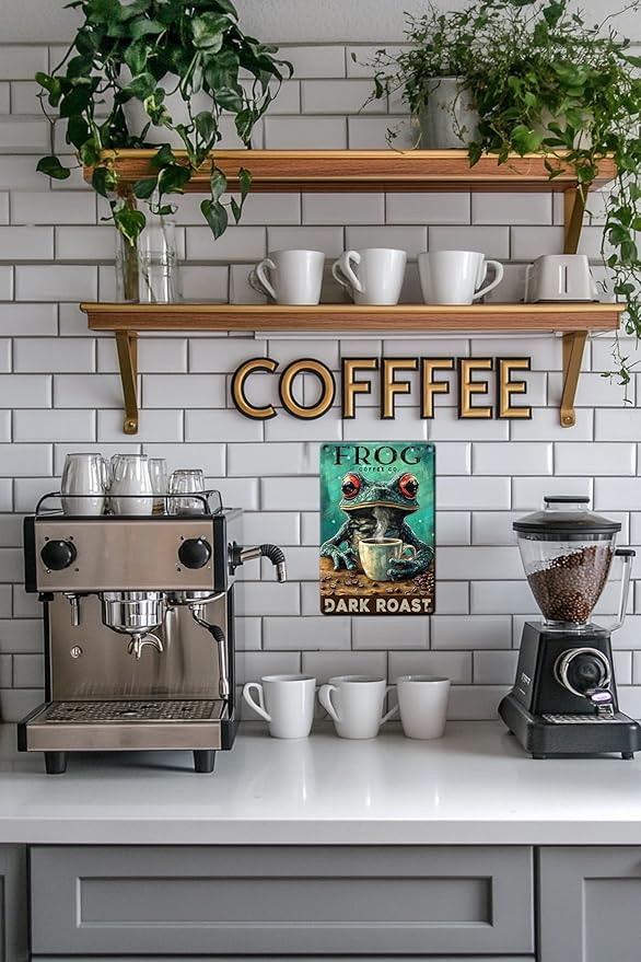 Coffee Themed Metal Tin Sign Frog Retro Wall Art Vintage Kitchen Decor Rustic Bar Cafe Tin Plaque Iron Painting 12x8 Inch